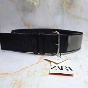 Zara Black Leather Belt With Metal Mesh New With Tags